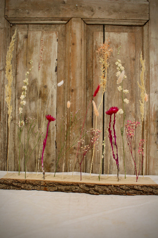 Blütenleiste ‚Flamora‘ - DIY Set mit Trockenblumen in Pink und Orange und einer Leiste aus Eichenholz