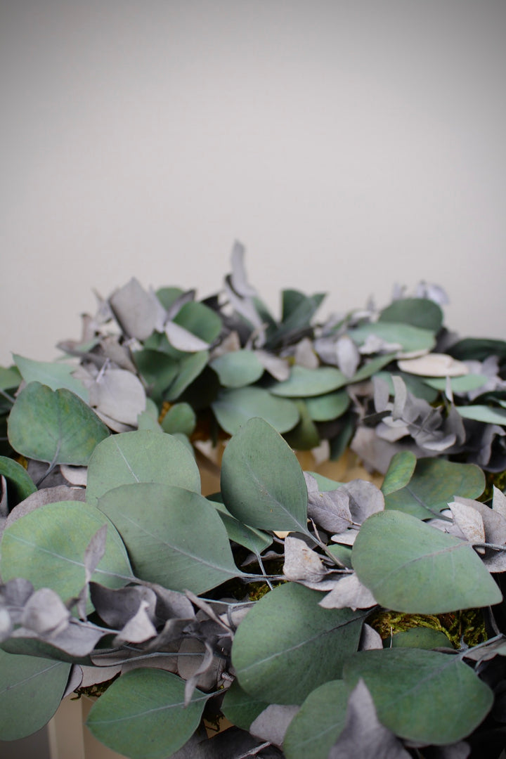 Detailaufnahme Adventskranz mit zwei präparierten Eukalyptussorten in Grüntönen