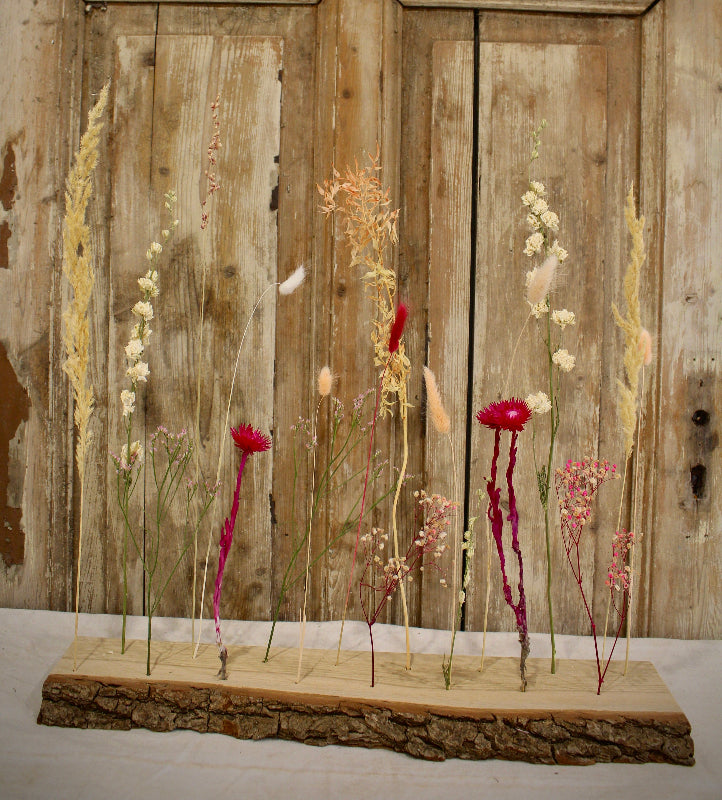 Blütenleiste ‚Flamora‘ - DIY Set mit Trockenblumen in Pink und Orange und einer Leiste aus Eichenholz