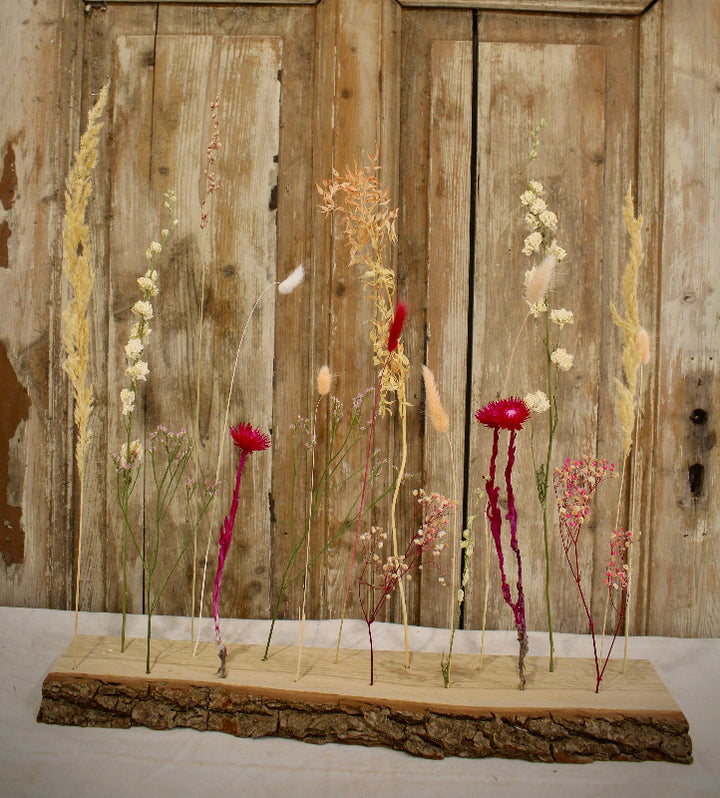 Blütenleiste ‚Flamora‘ - DIY Set mit Trockenblumen in Pink und Orange und einer Leiste aus Eichenholz