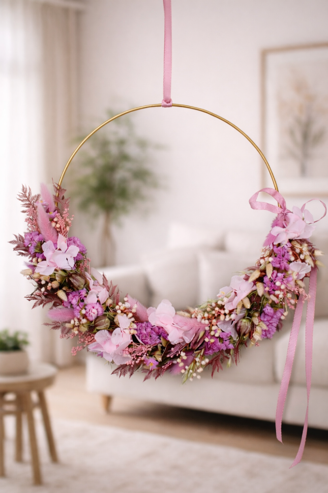 Trockenblumenloop Millea eingerichtet in Rosa und Pink